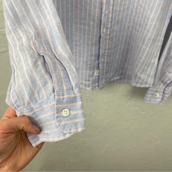 Frank & Eileen Barry button down Linen blouse, pale blue & pink pin-stripe Small - Picture 5 of 11